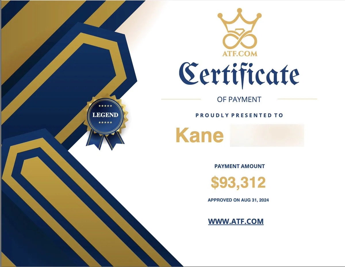 Apex Trader Funding (ATF.com) certificate of payment presented to Kane for $93,312, approved on August 31, 2024