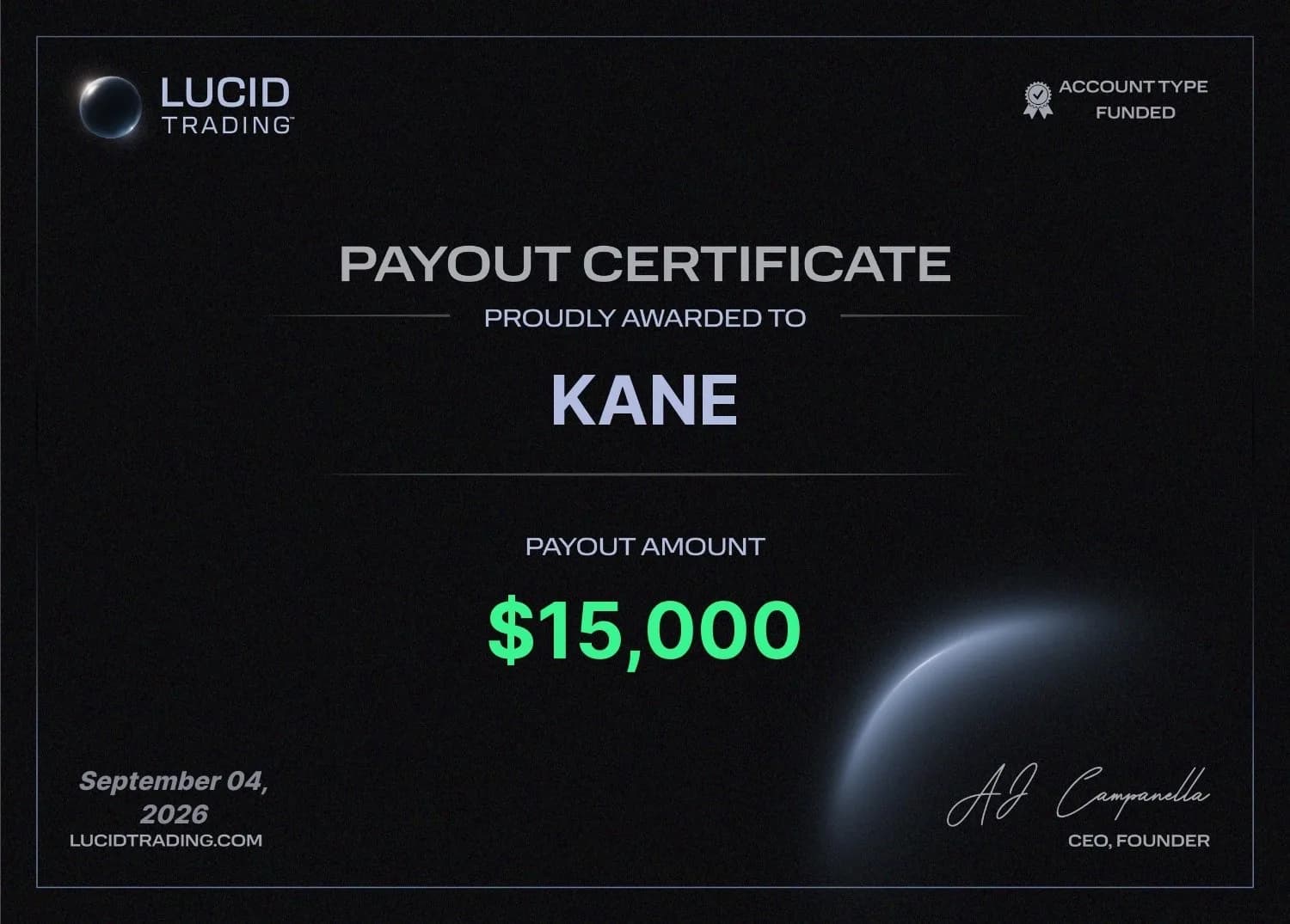 Lucid Trading payout certificate awarded to Kane for $15,000, dated September 04, 2026, signed by CEO and founder AJ Campanella